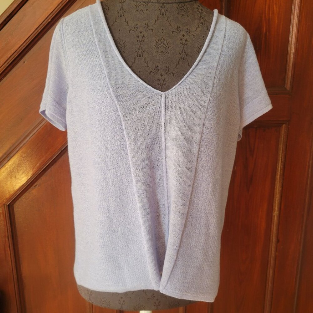 Eileen Fisher Womens Wool V-Neck Short Sleeve Knit Top Light Lavender Size M